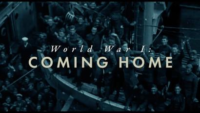 Background image: Soldiers and sailors packed on a ship looking towards shore. Foreground text: World War I: Coming Home.
