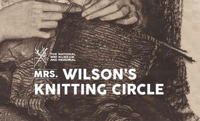 Image: Pencil drawing of a person's hands knitting something. Text: Mrs. Wilson's Knitting Circle