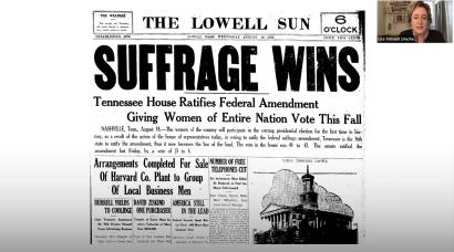 Screenshot from a webinar with image of historic newspaper reading Suffrage Wins