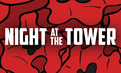 Background image: Graphical depiction of poppies. Text: Night at the Tower
