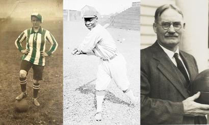 Three vintage photographs, left to right: A woman in a green-striped jersey standing in a field with her right foot on a soccer ball. A black man in a baseball uniform swinging a bat. A white man with a mustache in a suit holding a basketball.