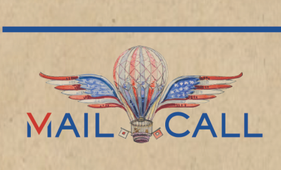 Background: creamy vintage paper texture. Image: Painting of a red/white/blue hot air balloon with U.S. flags for wings. Text: 'Mail Call'