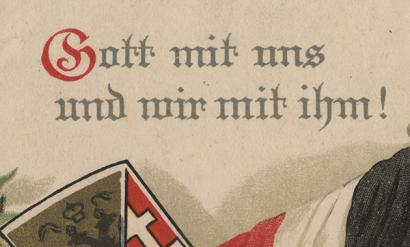 Detail of a scan of a vintage postcard. Text in calligraphy: 'Gott mit uns und wir mit ihm!'