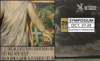 Left image: detail from a painting of a woman dressed in flowing classical robes reaching towards the viewer with white stone cross grave markers stretching away into the distance. Right image: Black and white photograph of a sunrise in a cloudy sky. Text: '2023 Symposium / Oct. 27-28 / Milestones & Cornerstones'