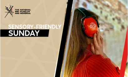 Image: A person with long light brown hair turned away from the viewer, holding their hands to the large red ear cups on their headphones. Text: 'Sensory-Friendly Sunday'