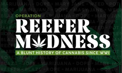 Dark green background with translucent green smoky shapes layered over translucent marijuana leaves and a pattern made of translucent text repeating slang terms for marijuana such as dope, Mary Jane, weed, grass, etc. Foreground text: 'Operation Reefer Madness / a Blunt History of Cannabis since WWI'.