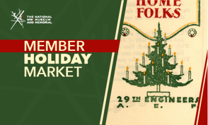 Image: detail from a notecard printed with a pine tree lit with candles captioned '29th Engineers / A. E. F.' Text: 'Member Holiday Market'