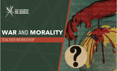 Image: A monstrous hand dripping with blood grasps at the Planet Earth. A large question mark is superimposed on the image. Text: 'War and Morality / Teacher Workshop'