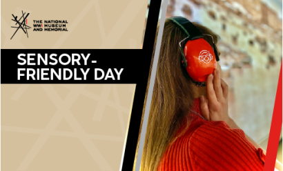 Image: A person with long light brown hair turned away from the viewer, holding their hands to the large red ear cups on their headphones. Text: 'Sensory-Friendly Day'