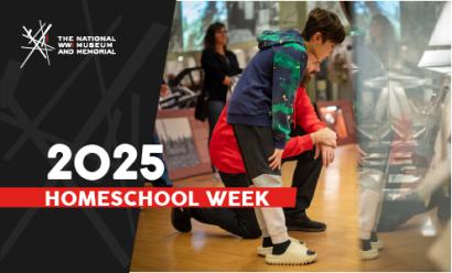 Image: modern photograph of a museum gallery. A school-aged child is bending down to look into a case near the floor while an adult man kneels next to him looking in the same case. Text: '2025 / Homeschool Week'