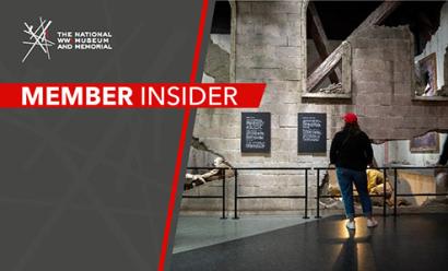 Image: A museum guest peruses an exhibit made to look like a bombed-out church serving as a field hospital. Text: 'Member Insider'