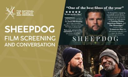 Modern film still of a bearded white man and a bearded black man, both wearing beanie hats and winter coats, smiling at each other. Text: 'SHEEPDOG'