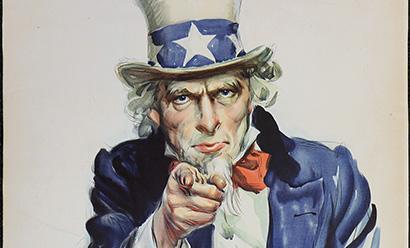 Poster painting of a white man with a white goatee and white hair, wearing a blue suit jacket and a top hat banded with white stars on a blue ribbon. The man is pointing at the viewer.