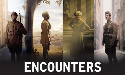 Collage of four individuals in front of four CGI backgrounds: a Black soldier, an Indian soldier, a woman factory worker and a European soldier