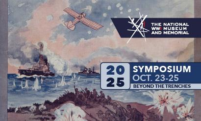 Painting depicting WWI soldiers rushing forward on a beach as ships fire cannons in the sea and airplanes fly overhead