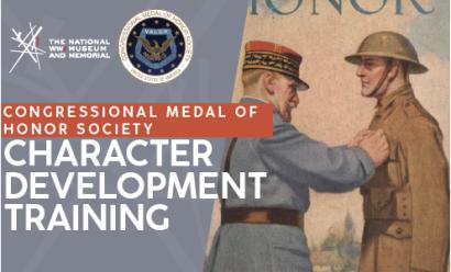 Painting of a WWI officer pinning a medal to the breast pocket of a WWI soldier