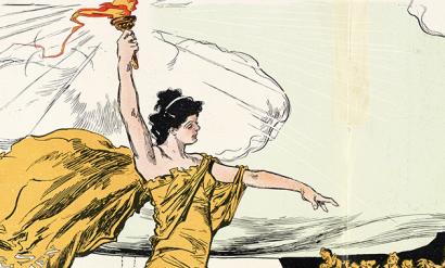 Painting of a white woman in gold robes carrying a torch