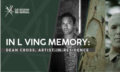 Left image: black and white headshot of a slim, clean-shaven man with dark hair. Middle image: Color film still of someone's hand spreading clay into a circle that's been cut into a tree. Right image: color film still of a person with their face and clothes covered in clay.