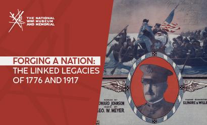 Poster with a painting of George Washington crossing the Delaware River in the background and a portrait of General Pershing in the foreground