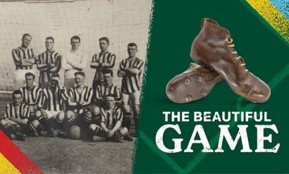 Image 1: Black and white photo of a team of football players posed for a group photo. Image 2: Modern photo of leather football cleats.
