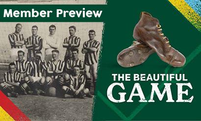 Image 1: Black and white photo of a team of football players posed for a group photo. Image 2: Modern photo of leather football cleats.