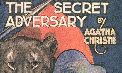 Detail crop of a book cover with the text 'The Secret Adversary by Agatha Christie'