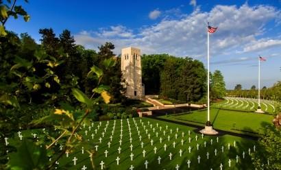 Color photo of a cemetery and a memorial space.