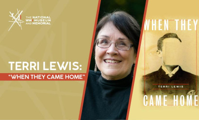 Left image: Modern headshot of a middle-aged white woman with dark brown hair wearing glasses. Right image: Book cover depicting a black and white portrait of a man with his face obscured.