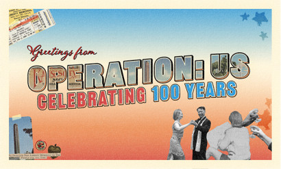 A collage of people dancing, vintage photographs and ticket stubs. Text: 'Greetings from Operation: Us / Celebrating 100 Years'