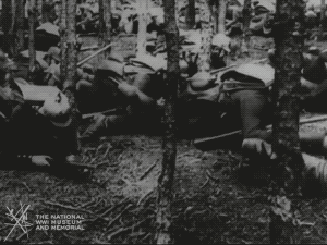 Animated gif of black and white film footage. Numerous men dressed in German military combat uniform crawl on their elbows through a forest.