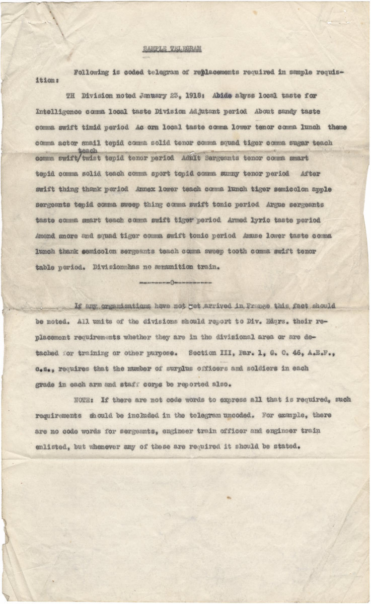 Scan of a typewritten legend on deciphering code words on yellowing paper