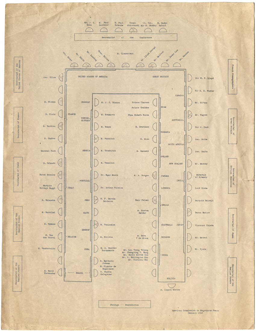 Scan of a seating chart for a large U-shaped table