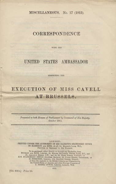Title page of document reading Execution of Miss Cavell in Brussels