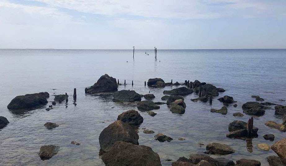 View out from W Beach: low rocks rising from the water with the ocean beyond.