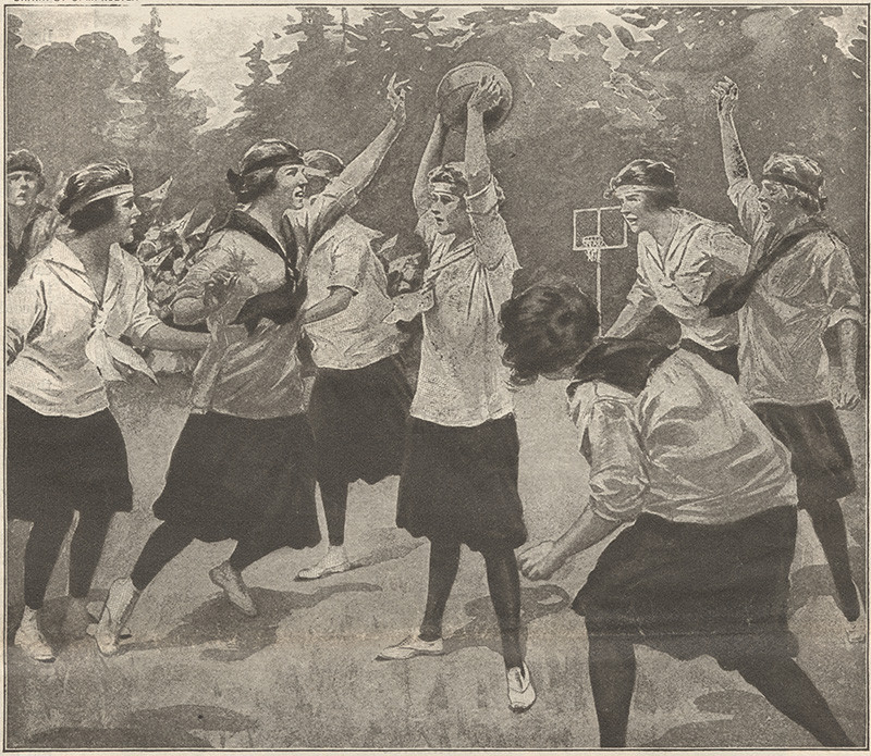 Print of a drawing of schoolgirls in school uniforms playing basketball. The girl in the center holds the ball high in both hands while several other girls guard against her throw or try to intercept her throw.