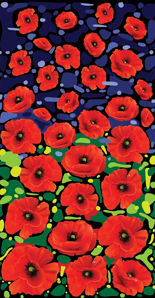 Stylized poppies floating over blue and green paint strokes.