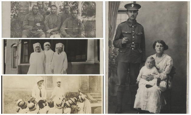 Collage of four black and white vintage photographs: A standing man in WWI uniform next to a seated woman with a baby in her lap; four Black soldiers sitting in a grassy wooded area; three women in WWI nurse uniforms posing in front of a building; a group of small children in tiny straw hats surrounding two adult women