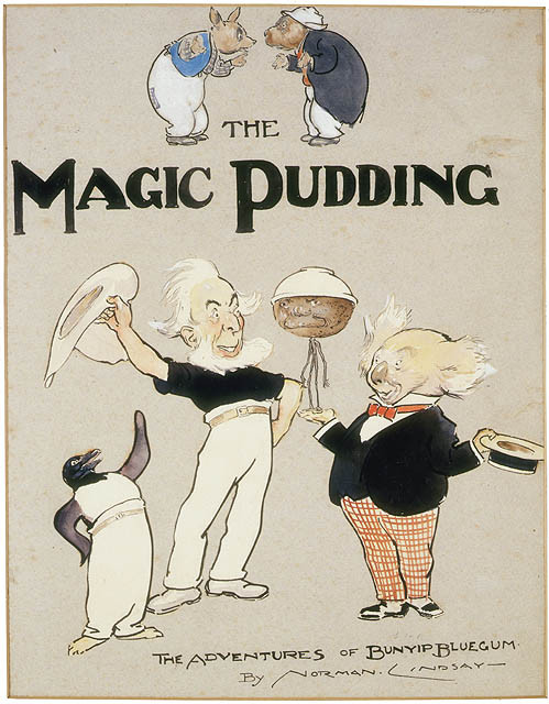 Book cover illustrated with a white-bearded man waving his wide-brimmed hat surrounded by a fantastical kangaroo, wallaby, penguin and koala dressed in human clothes. The koala is holding an upside-down bowl of pudding. The pudding has a face. Text: 'The Magic Pudding'