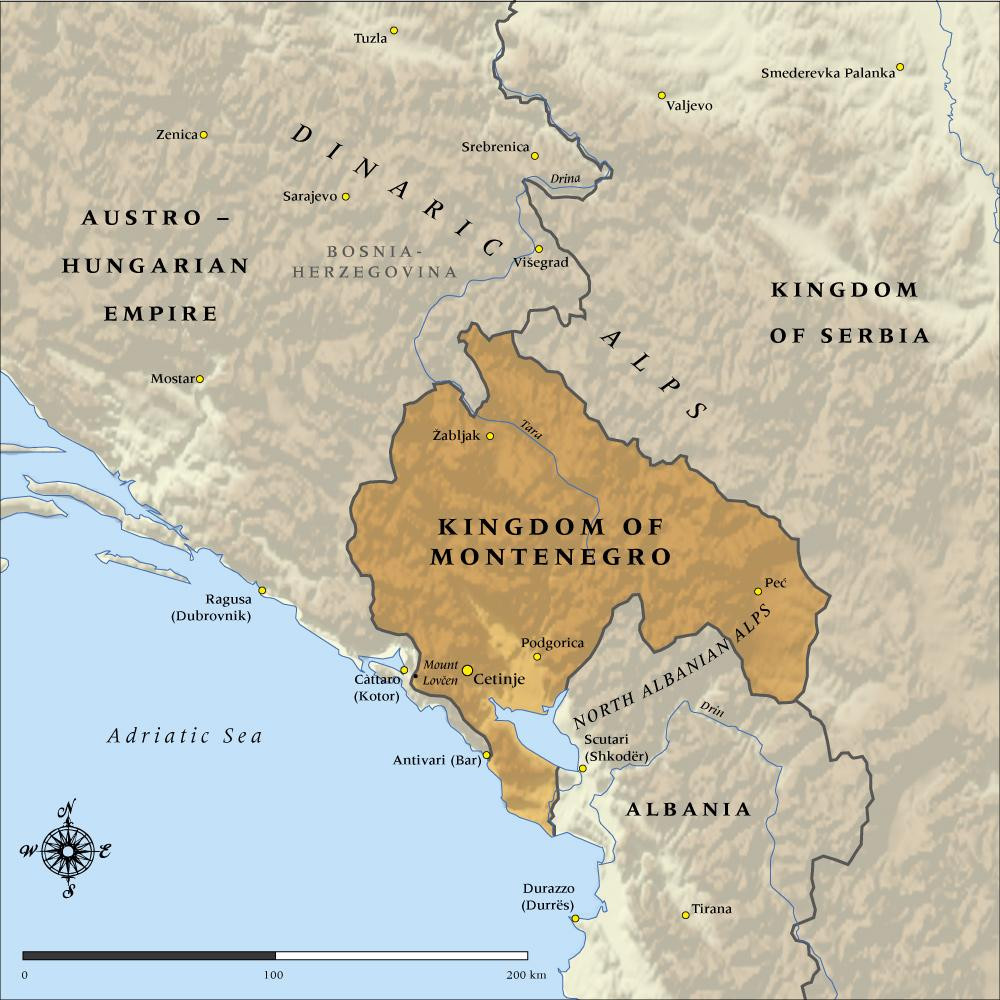 Modern map showing the borders of 1914 Montenegro, Serbia, Albania and the Austro-Hungarian Empire