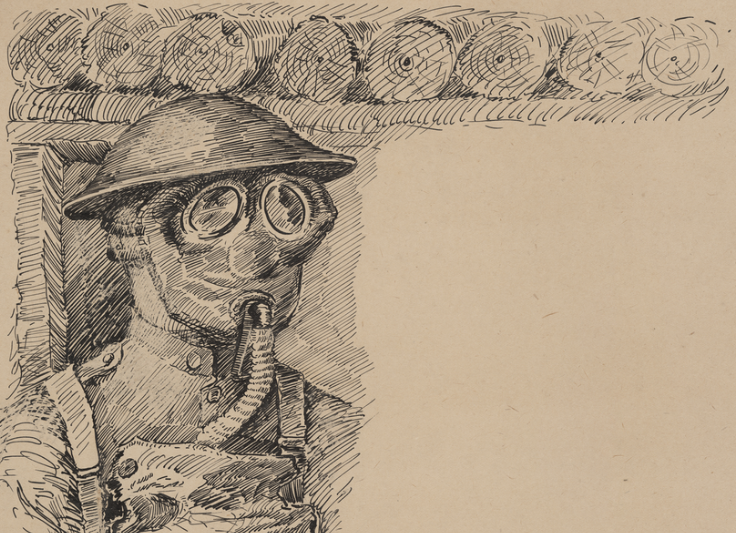 Pen and ink drawing of a soldier wearing a gas mask, gas mask bag and helmet, standing in a trench.