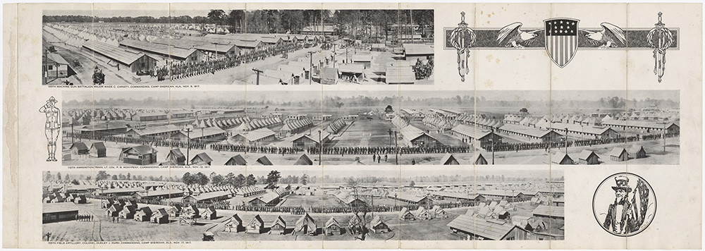 Oversized poster displaying three panoramic drawings of rows of tents and barracks, and soldiers marching among them.