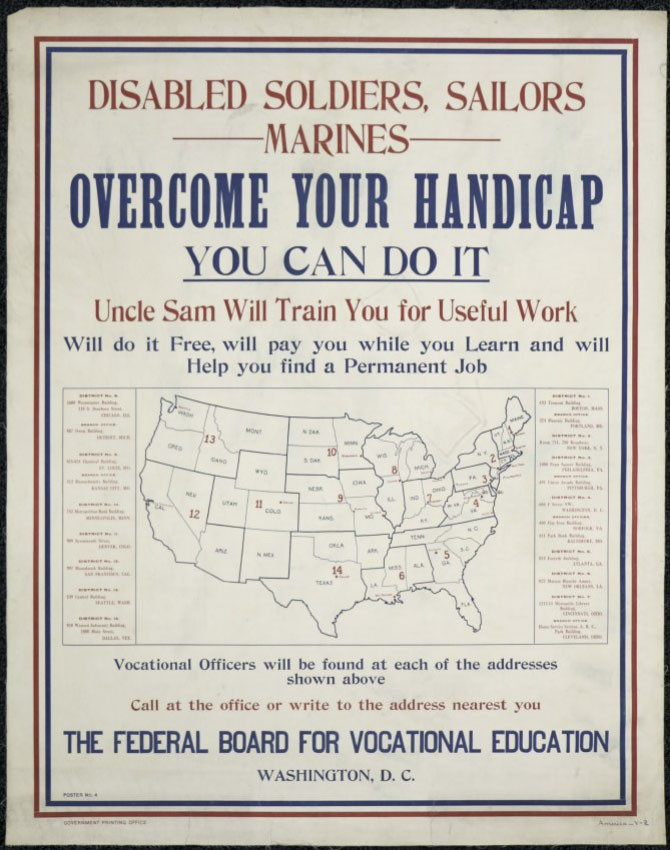 Propaganda poster. Text: 'Disabled Soldiers, Sailors, Marines: Overcome Your Handicap. You Can Do it. Uncle Sam Will Train You for Useful Work.' Map of the United States with addresses of jobs offices in each state.