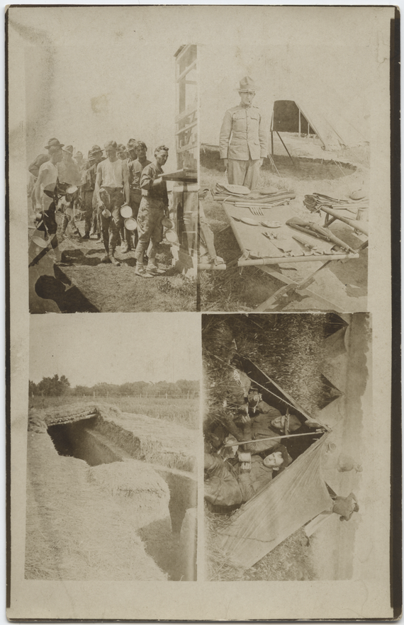 Postcard with four sepia photographs depicting four scenes of WWI training camp life.