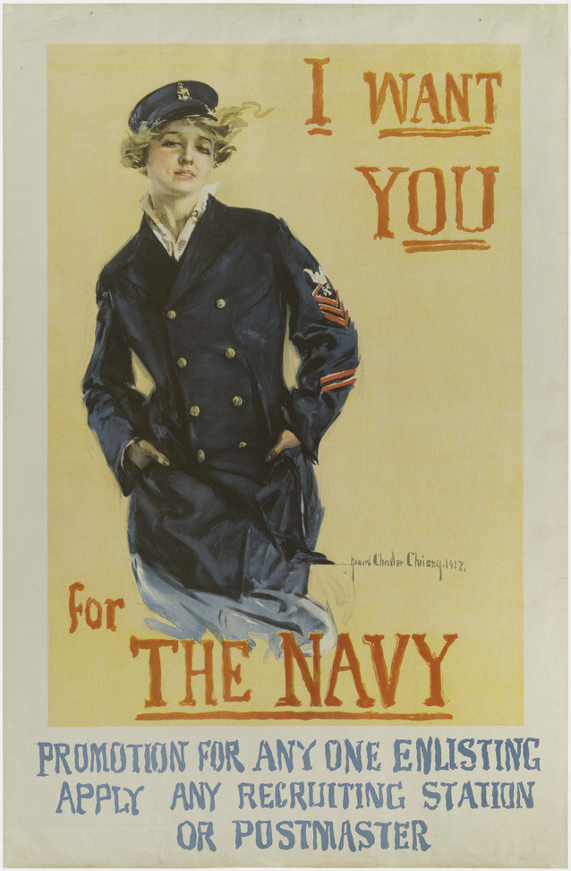 Propaganda poster showing a young blonde white woman dressed in a rakish Navy military uniform with her hands in her pockets looking at the viewer. Text: 'I Want You for The Navy'