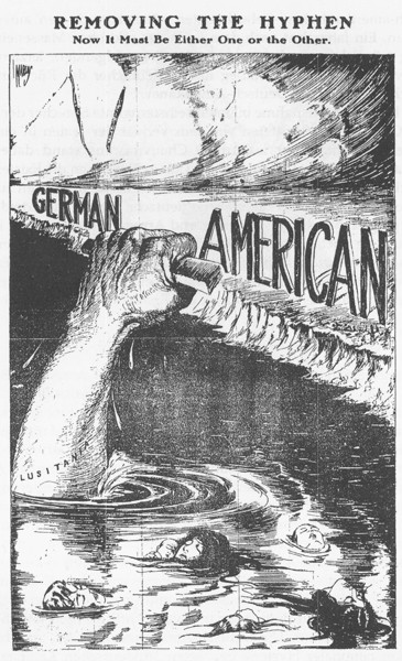 Propaganda poster with a black-and-white ink illustration of people drowning in the ocean. The words "German-American" are standing on the shore. A huge unnatural hand emerges from the ocean to grasp at the hyphen, removing it.