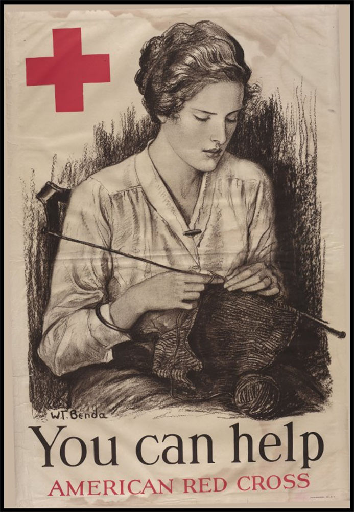 Red Cross propaganda poster depicting a white woman, respectably dressed, knitting. Text: 'You can help / American Red Cross'