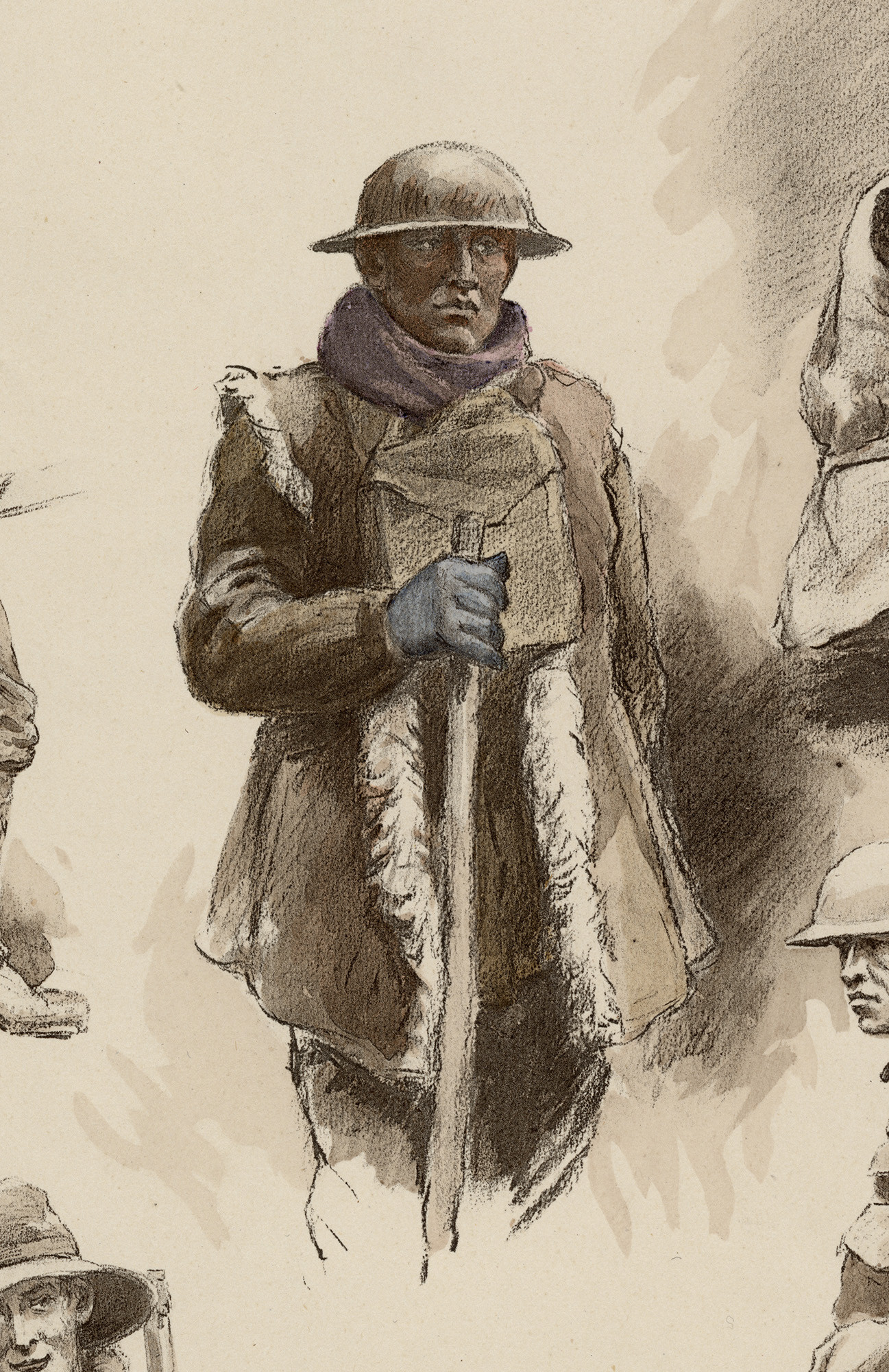 Watercolor sketch of a man wearing a sheepskin-lined coat, a steel helmet and scarf
