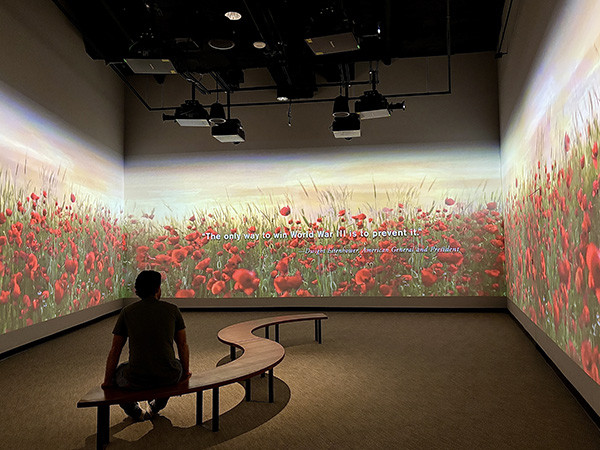 A lone guest sits on a curving bench in a room with a film of a poppy field projected on three walls around them