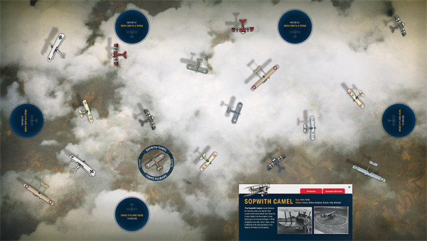 Computer rendering of a scene in the sky, looking down from above on a variety of WWI-era aircraft
