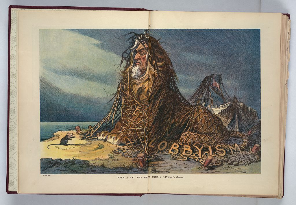 Illustration shows a Uncle Sam as a lion trapped in a net labeled "Lobbyism" and a small rat, identified as "Col. Mulhall", sitting on the ground before him. The U.S. Capitol, in the background, is also ensnared by the same net as Uncle Sam. 